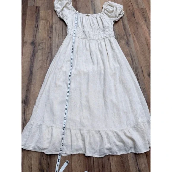 Sim &‎ Sam Linen Blend Midi Dress XL Beige Puff Sleeve Cottagecore Boho - Picture 7 of 8